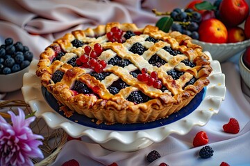 Poster - A freshly baked pie filled with blackberries and red currants, topped with a lattice crust and sitting on a white cake stand. Generative AI