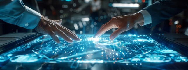 Poster - Hands interact with a high-tech touchscreen in an advanced laboratory setting, showcasing futuristic technology.