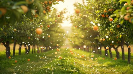 Poster - A vibrant orchard bathed in sunlight, with ripe fruit falling from the trees. Generative AI