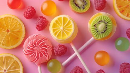 Poster - A flat lay image of assorted candies and lollipops on a pink background, featuring fruit-shaped candies, lollipops, and gummies. Generative AI