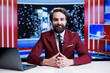 © DC Studio - News reporter hosting midnight talk show offering latest news stories and current international affairs. Male broadcaster transmitting live discussion about daily global information.