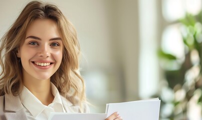 Wall Mural - Smiling Blonde Woman with White Collar Portrait