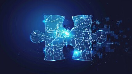 Digital single puzzle piece. Technology light jigsaw piece on a blue background. Low-poly wireframe vector illustration in a futuristic hologram style. Abstract business solution metaphor.