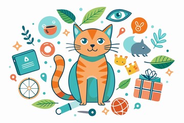 Wall Mural - gorgeous hand-drawn drawing of cat surrounded by diverse group of objects on clean white background., group, gorgeous, cat, hand drawn