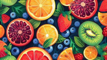 Wall Mural - A digital illustration featuring vibrant fruit slices, including oranges, grapefruits, strawberries, kiwis, and blueberries, arranged on a dark background. Generative AI