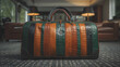 © Luluraschi - a vintage high-end luxury leather suitcase in a chic hotel lounge, green and brown colors