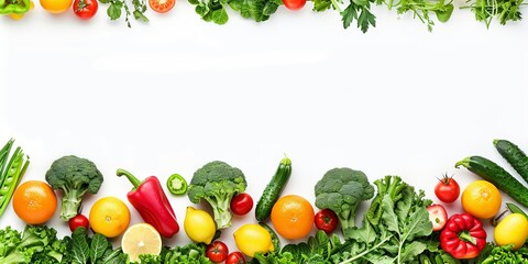 Wide collage of fresh fruits and vegetables for layout isolated on white background. Copy space. Generatove ai