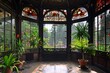 © crescent - An art nouveau conservatory with intricate ironwork and stained glass, housing exotic plants and flowers