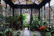 © crescent - An art nouveau conservatory with intricate ironwork and stained glass, housing exotic plants and flowers
