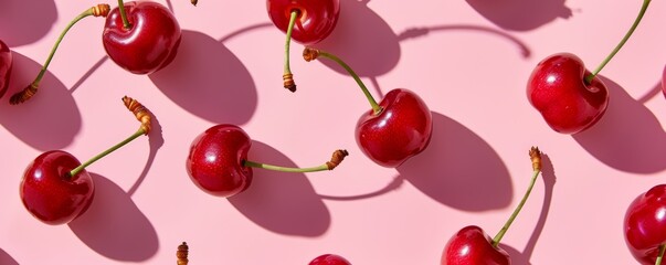 Wall Mural - Fresh cherries on a pink background, high angle view. Summer fruit concept.