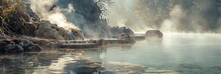 Poster - Steam rising from a hot spring in a lush, misty forest on a cool morning. Generative AI
