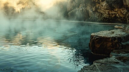 Poster - A serene hot spring pool surrounded by mist and rocky cliffs. The water is clear and inviting, with the sun reflecting on its surface. Generative AI
