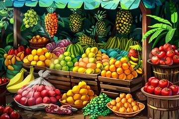 Poster - A colorful fruit stand overflowing with ripe tropical fruits, including bananas, pineapples, apples, and mangoes. Generative AI