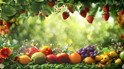 Poster - A close-up photo of a variety of fruits, including apples, mangoes, grapes, and strawberries, arranged on a bed of moss with blooming flowers in a summer garden. Generative AI