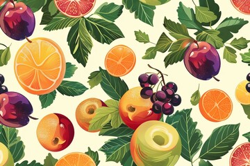 Poster - A vibrant illustration of a repeating pattern of various fruits and leaves, including oranges, plums, grapes, and apples. Generative AI