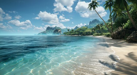 Wall Mural - Tropical Beach Scene With Clear Water and Palm Trees