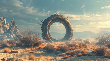 Mysterious Desert Ring at Dusk with Atmospheric Light and Dry Vegetation