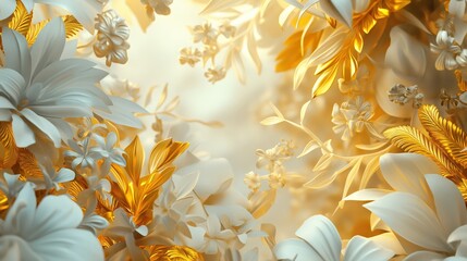 Wall Mural - Ornamental Baroque and Rococo inspired tropical forest in gold and white colors