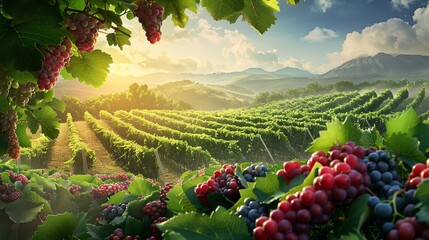 Poster - A close-up of red and blue grapes in a vineyard, with rows of grapevines stretching into the distance. The sun sets over a landscape of rolling hills and mountains. Generative AI