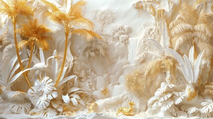 Wall Mural - Ornate Baroque and Rococo jungle scene in gold and white colors