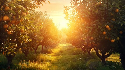 Poster - A picturesque view of an orchard during summer, with sunlight streaming through the trees, creating a warm and inviting atmosphere. Generative AI