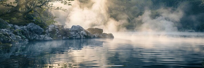 Poster - A tranquil river scene at dawn with mist rising from the water and rocky banks. Generative AI