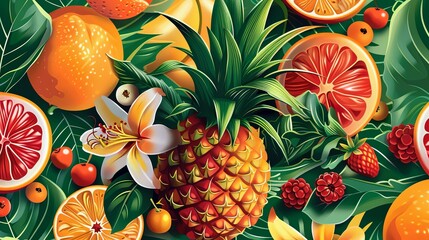 Leinwandbilder - A colorful collage of tropical fruits, including pineapple, oranges, berries, and a flower, set against a backdrop of lush green leaves. Generative AI