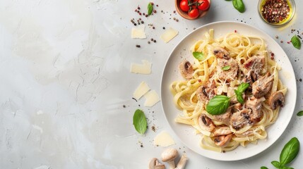 Wall Mural - Chicken and mushroom pasta with parmesan and basil on white surface with space for text top down view