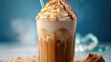 ice coffee with whipped coconut cream and caramel