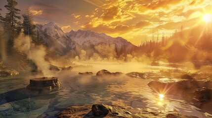 Poster - A scenic mountain lake surrounded by mist at sunset, with a golden sky and reflecting sunlight. Generative AI