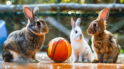 Three adorable rabbits or bunnies playing a sports game together in a grassy outdoor field or meadow setting  The cute furry animals are standing upright hopping