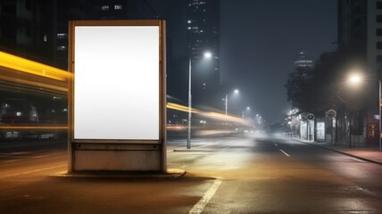 Wall Mural - A mockup of billboard with white color blank space set in between road of city at night. A large big board perfect for advertisement of business to promote product or announcement to public. AIG35.