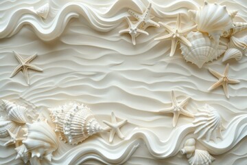 Canvas Print - White seashells and starfish on a sandy background. AI.