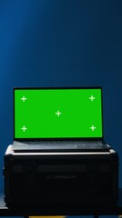 Poster - Vertical video European Union using radar system on green screen laptop to detect missiles attacking member states. EU alliance army soldier scanning rockets approaching countries using mockup