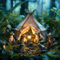 Wall Mural - A group of frogs gather in a tent in the forest. AI.