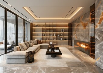 Canvas Print - Luxurious living room interior design with marble walls, fireplace, and large windows. AI.