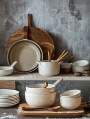 Poster - A countertop with a variety of white ceramic bowls, wooden spoons, and plates. Generative AI