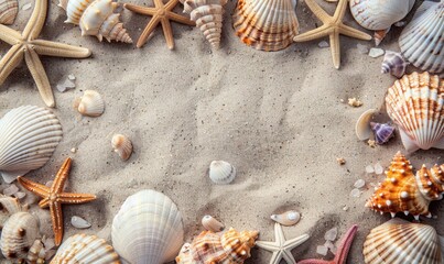 Canvas Print - A variety of seashells and starfish on a sandy beach. AI.