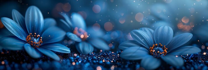 abstract wallpaper with blue sparkling gradient waves and flowers