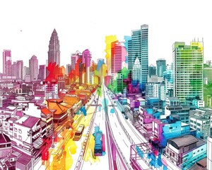 abstract colorful illustration of cityscape on a white background