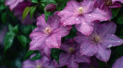Wall Mural - Pink clematis in bloom with raindrops after rain at dusk