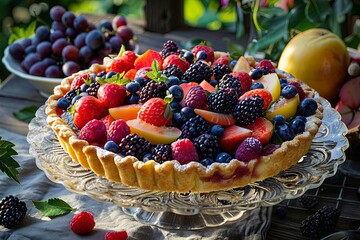 Poster - A scrumptious fruit tart with strawberries, blueberries, raspberries, blackberries, and peaches on a glass stand in a garden. Generative AI