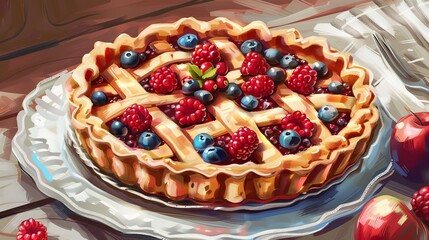 Poster - A freshly baked berry pie with a lattice crust sits on a white plate, surrounded by fresh berries and apples. Generative AI
