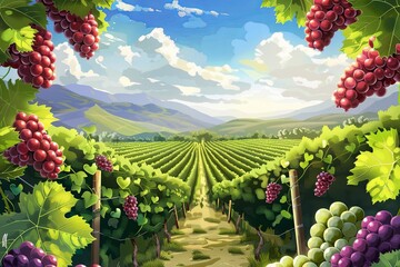 Poster - A picturesque view of a vineyard with rows of grapevines growing on the hillsides. Generative AI