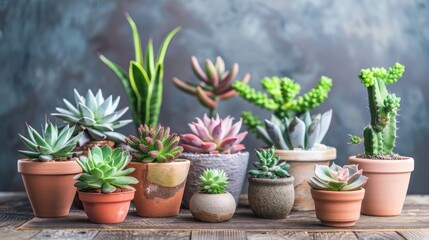 Canvas Print - Composition of various potted succulents on table room for text Home decoration