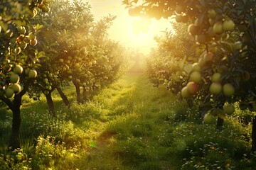 Poster - A picturesque apple orchard at sunset, with golden sunlight filtering through the leaves of the trees. Generative AI