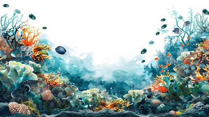 Wall Mural - Ocean underwater with corals, seaweed and fish on transparent background.