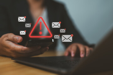 Leinwandbilder - Email Spam concept. Person use smartphone with virtual screen of Spam email notification, warning notification and spam message.