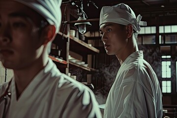 Two men in white uniforms stand in a kitchen. One of them is wearing a white hat. The kitchen is dimly lit and has a rustic feel