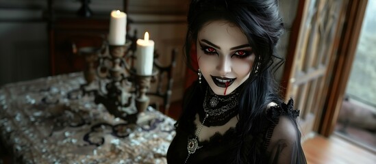 Smiling vampire woman, blood drop from lips, elegant dress and jewelry, vintage mansion with furniture and chandeliers, Halloween concept, copy space.